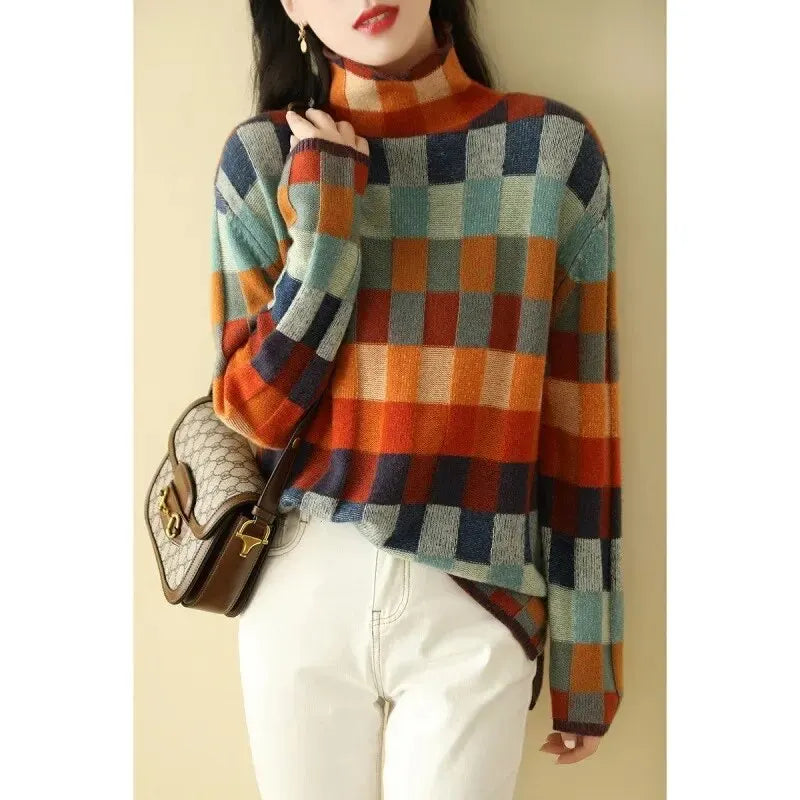image_483_Colorful_Checkered_Knitted_Top_Autumnwinter_Womens_Polo_Turtle_Neck_Slimming_Outer_Wear_Format_Sweater_Grid_Pattern_1.webp